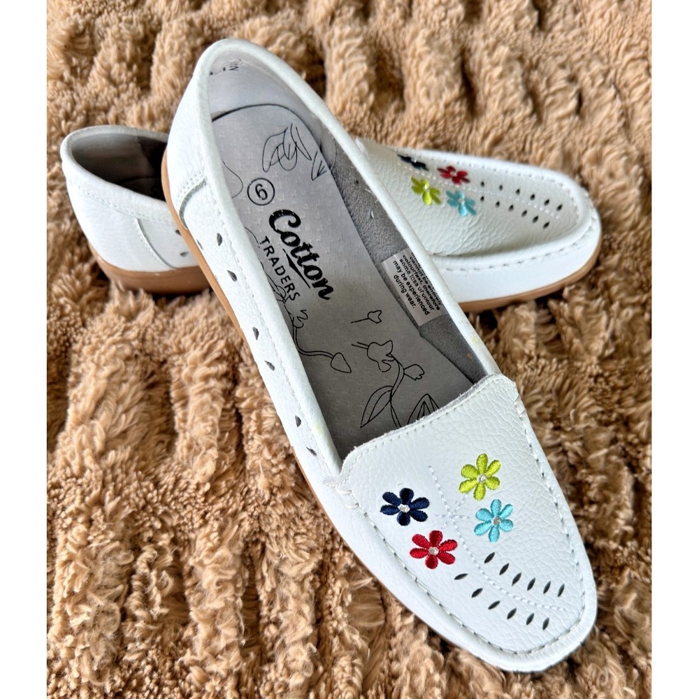 Cotton Traders Womens Leather Embroidered Loafers White Floral UK 6 US 8 Comfort